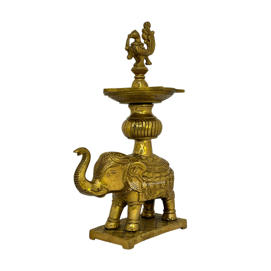 Brassaura® Brass Elephant Diya with Stand | Handcrafted Decorative Oil Lamp | Height 11.4 Inches & Weight 2.9 Kgs