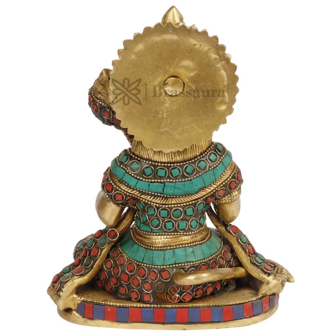 Brassaura™ Brass Sankat Mochan Gem Stone Work Hanuman Murti for Home and Decor, Height 9.2 Inches & Weight 2.80 Kgs