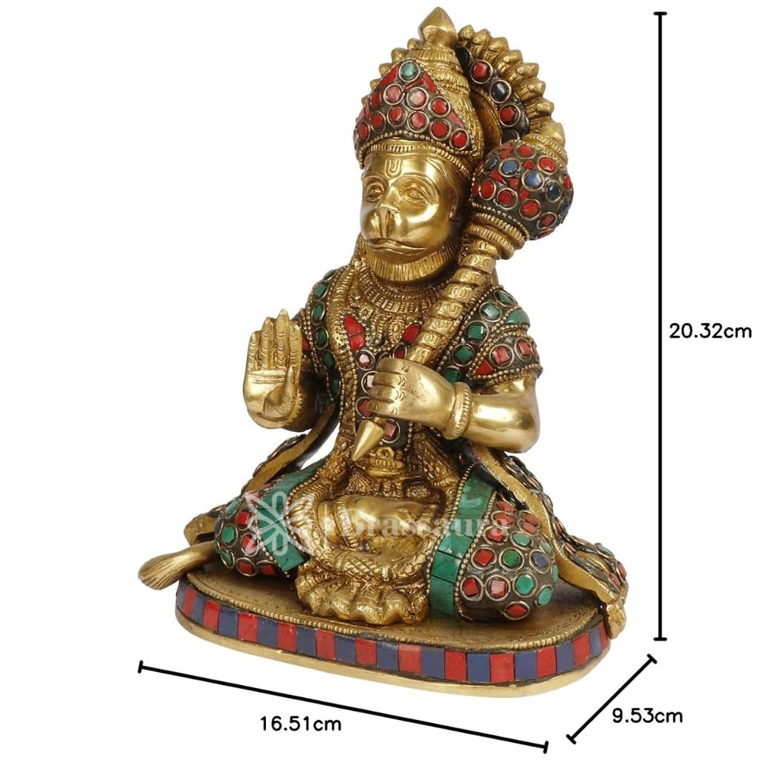 Brassaura™ Brass Sankat Mochan Gem Stone Work Hanuman Murti for Home and Decor, Height 9.2 Inches & Weight 2.80 Kgs