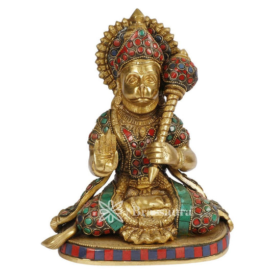 Brassaura™ Brass Sankat Mochan Gem Stone Work Hanuman Murti for Home and Decor, Height 9.2 Inches & Weight 2.80 Kgs