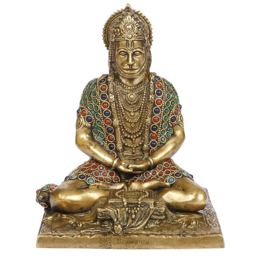 Brassaura™ Premium Brass Hanuman Idol with Gemstone Craft – Heights 9.2 Inches & Weight 2.7 Kgs | Pooja Room Special