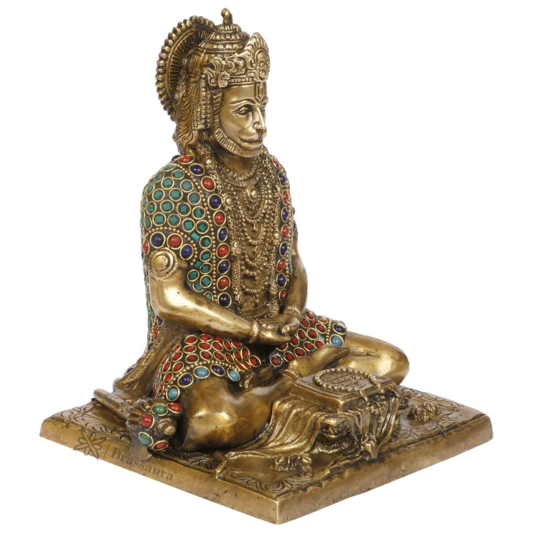 Brassaura™ Premium Brass Hanuman Idol with Gemstone Craft – Heights 9.2 Inches & Weight 2.7 Kgs | Pooja Room Special