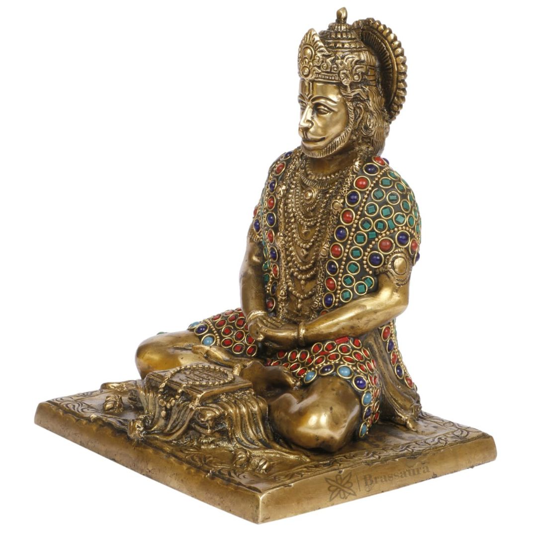 Brassaura™ Premium Brass Hanuman Idol with Gemstone Craft – Heights 9.2 Inches & Weight 2.7 Kgs | Pooja Room Special