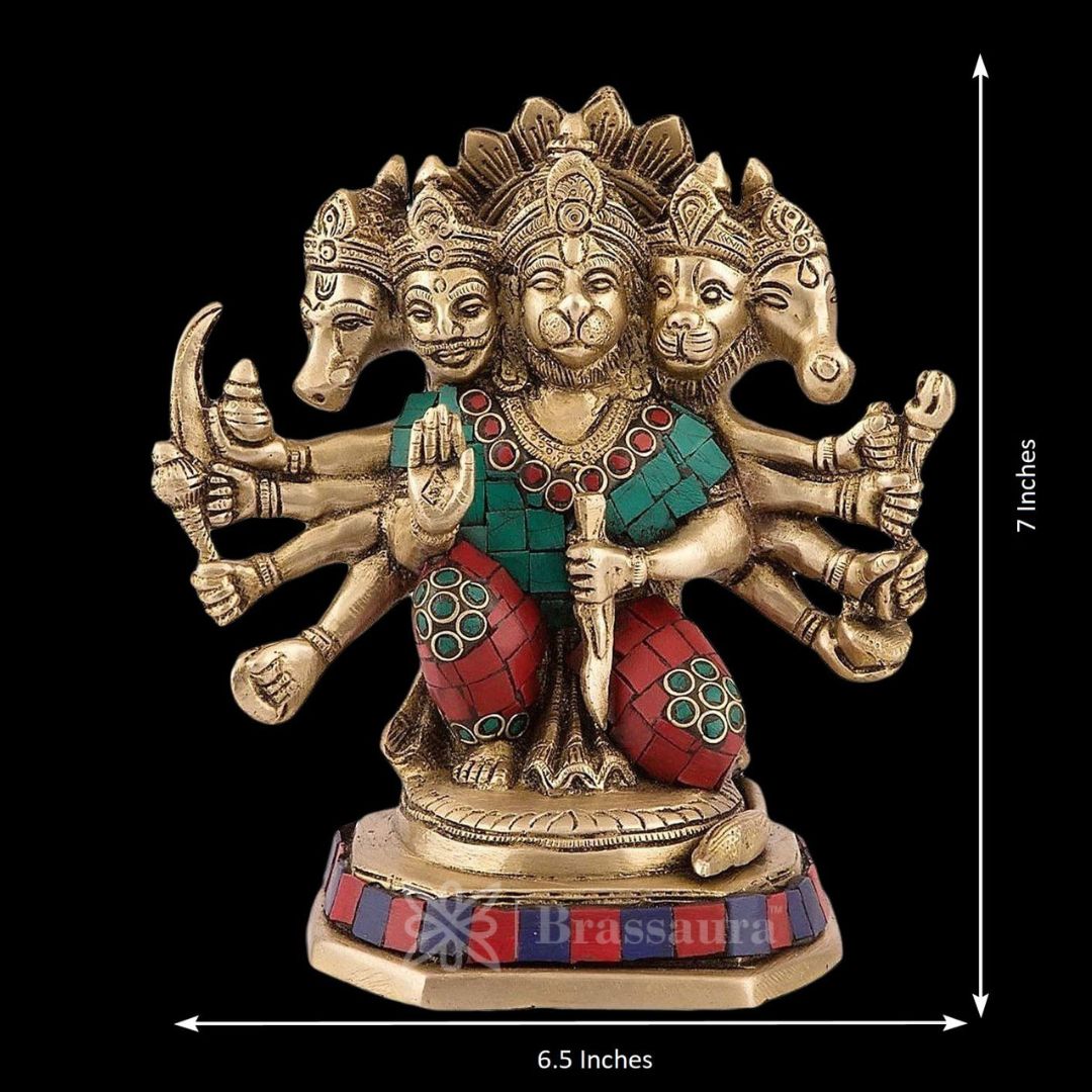 Brassaura™ Brass Sankat Mochan Panch-Mukhi Gem Stone Work, Height 8.4 Inches & Weight 2.3 Kgs
