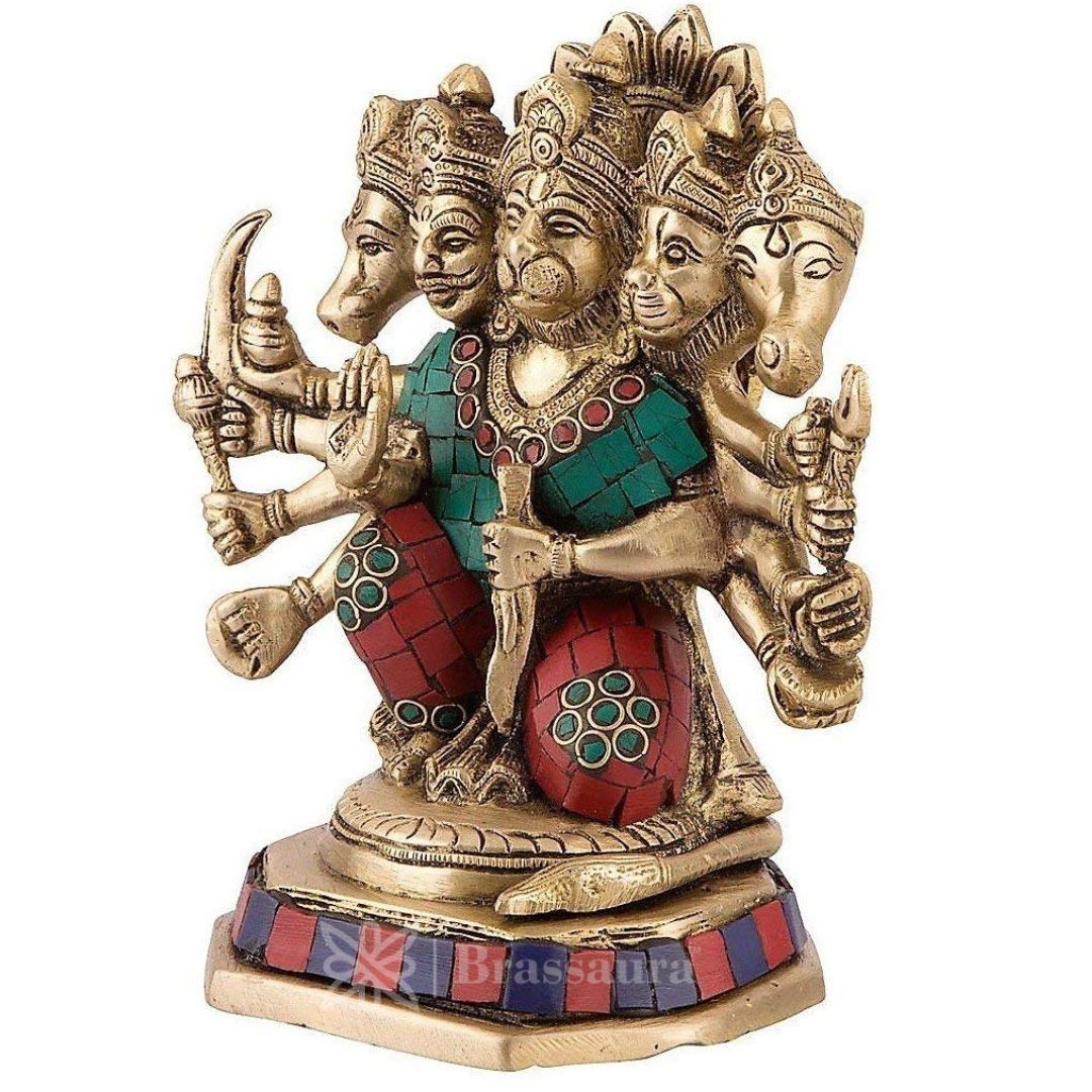 Brassaura™ Brass Sankat Mochan Panch-Mukhi Gem Stone Work, Height 8.4 Inches & Weight 2.3 Kgs