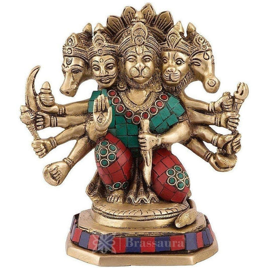 Brassaura™ Brass Sankat Mochan Panch-Mukhi Gem Stone Work, Height 8.4 Inches & Weight 2.3 Kgs
