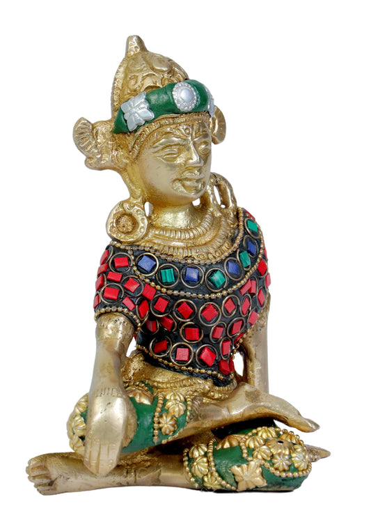 Brassaura™ Brass Gem Stone Work Indra Dev Idol – Height 6.8 Inches & Weight 0.88 Kgs | Traditional Temple Décor