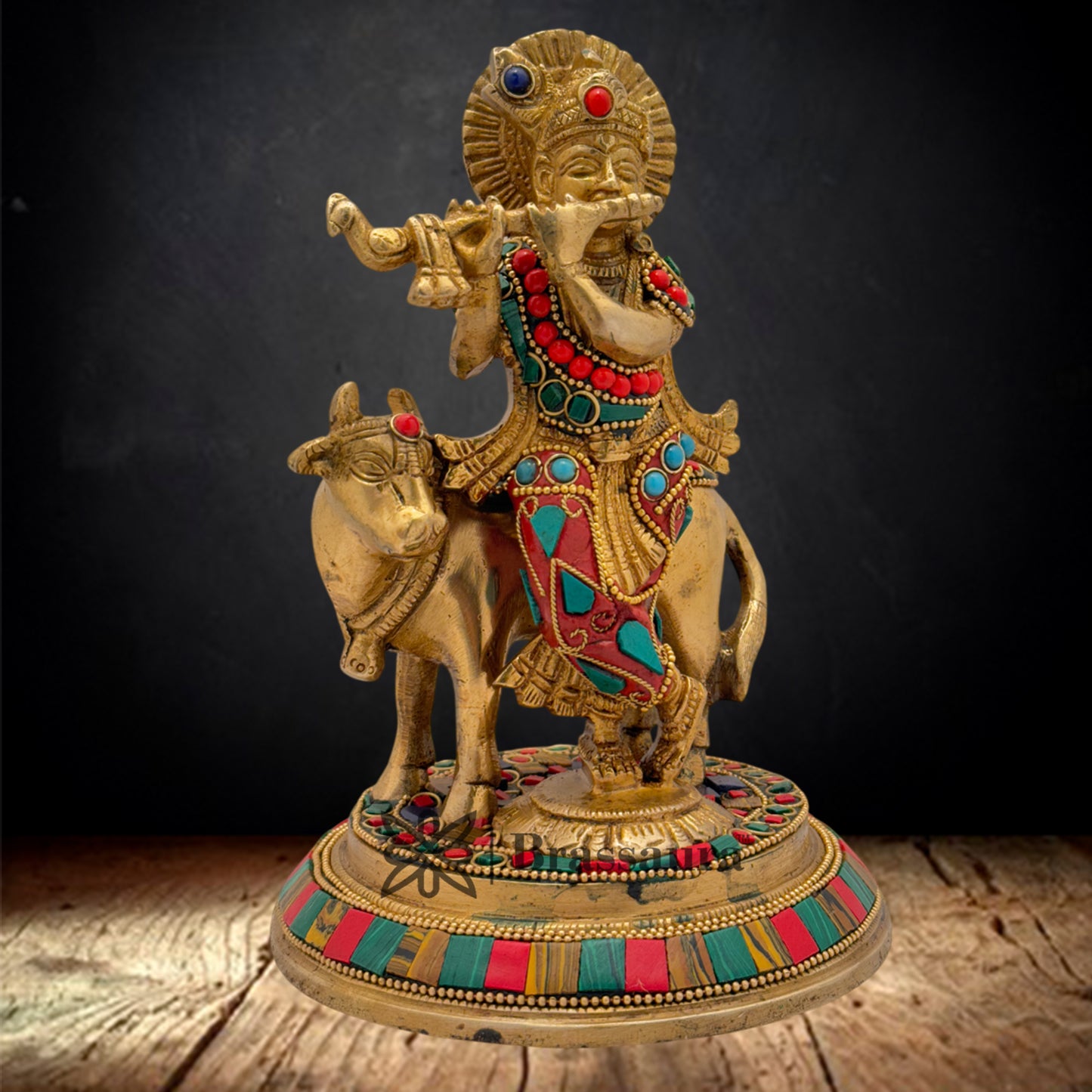 Brass Gem Stone Work Krishna Playing Flute Weight 2.2 Kg & Height 7.5 Inch