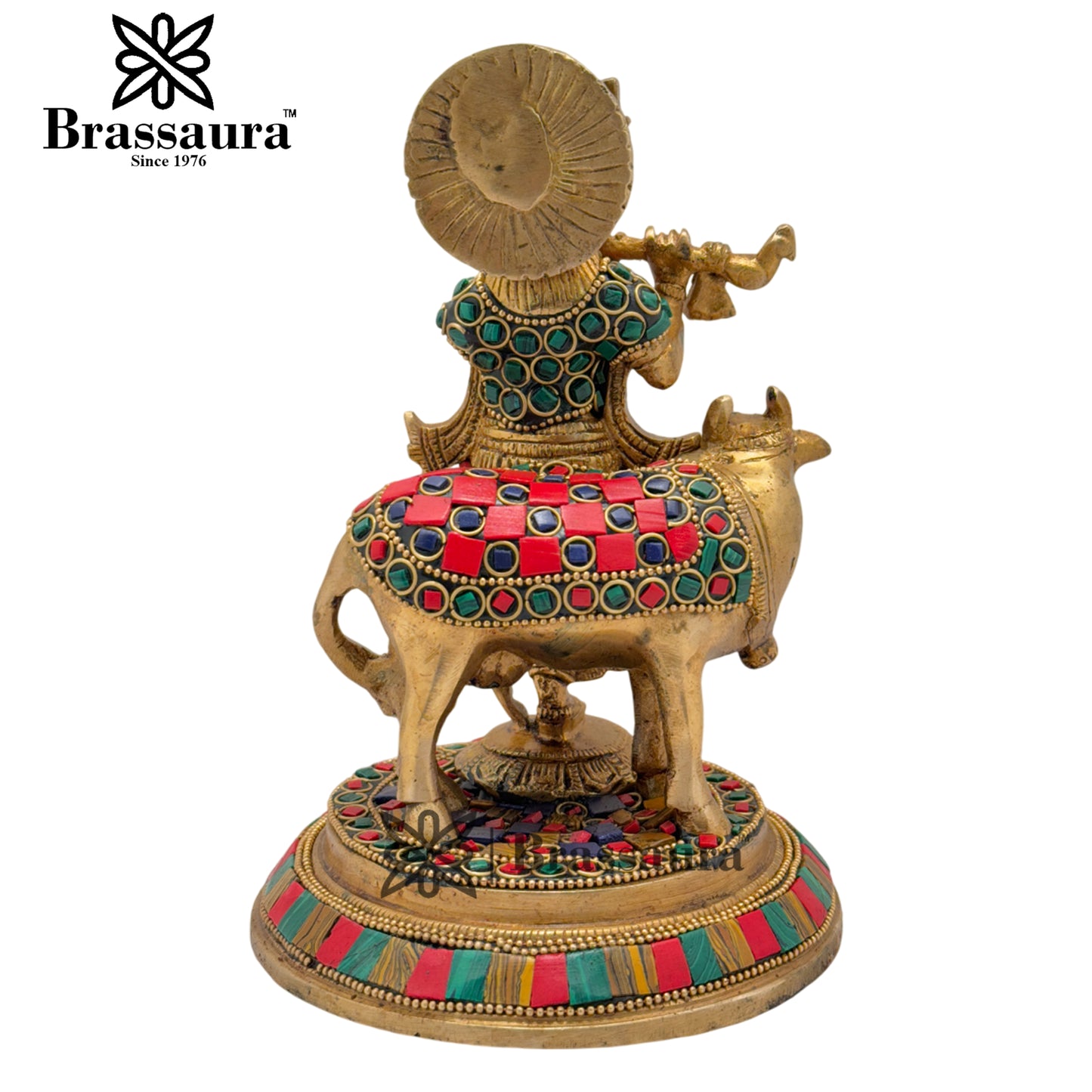 Brass Gem Stone Work Krishna Playing Flute Weight 2.2 Kg & Height 7.5 Inch