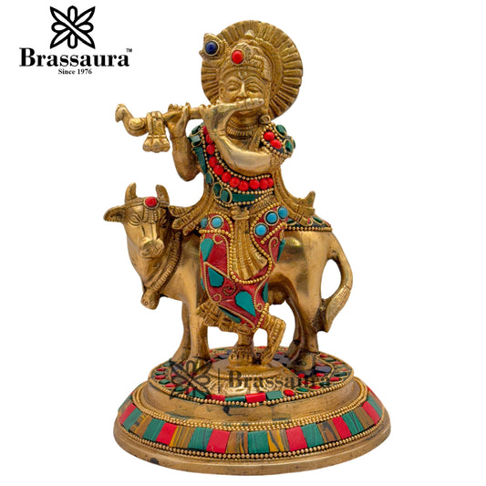 Brass Gem Stone Work Krishna Playing Flute Weight 2.2 Kg & Height 7.5 Inch