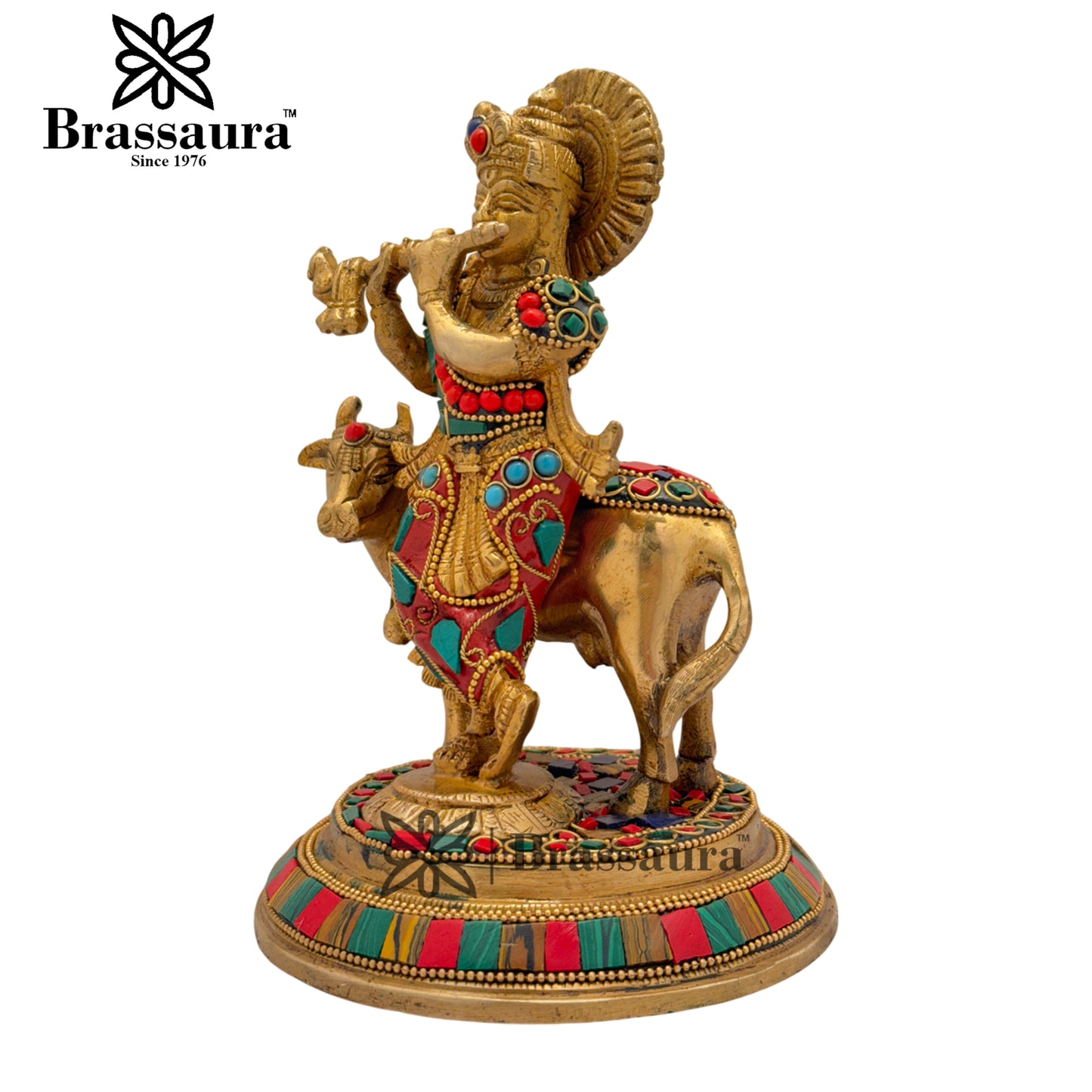 Brass Gem Stone Work Krishna Playing Flute Weight 2.2 Kg & Height 7.5 Inch