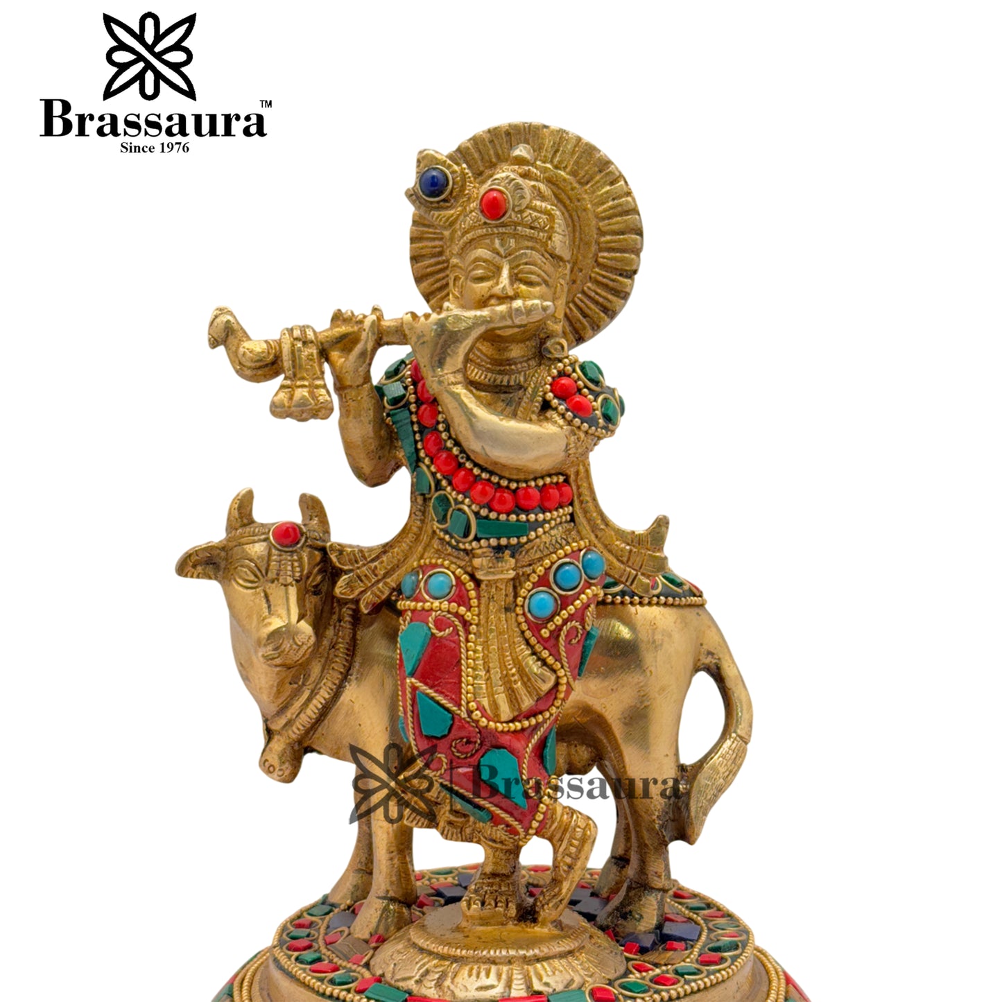 Brass Gem Stone Work Krishna Playing Flute Weight 2.2 Kg & Height 7.5 Inch