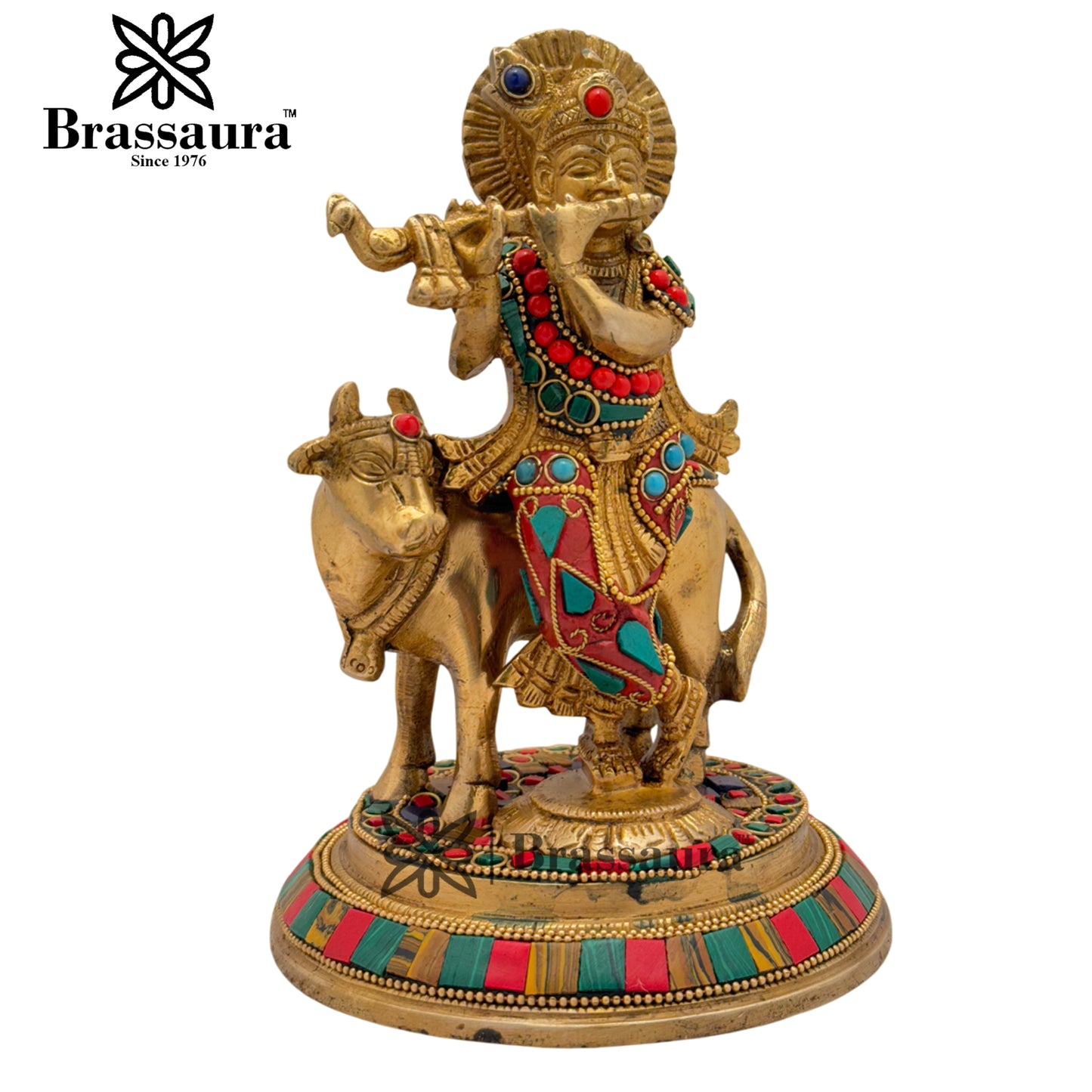 Brass Gem Stone Work Krishna Playing Flute Weight 2.2 Kg & Height 7.5 Inch
