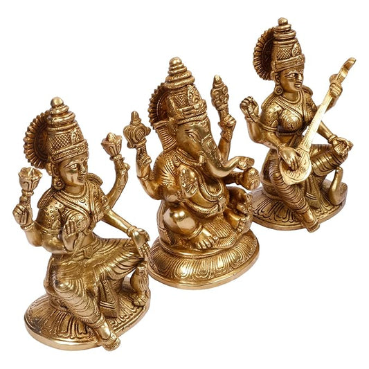 Brassaura™ Brass Laxmi Ganesha Saraswati Idol – Height 7.2 Inches & Weight 4.8 Kgs | Hindu Devotional Idol