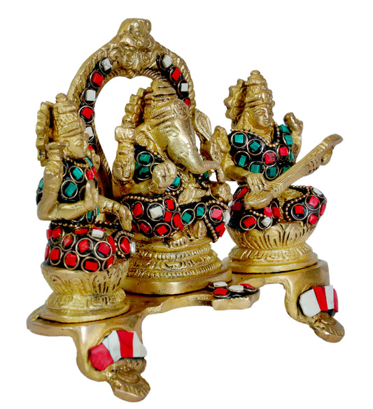 Brassaura™ Artistic Brass Gemstone Laxmi Ganesha Saraswati Statue – Height 7.6 Inches & Weight 1.3 Kgs | Puja Room Idol
