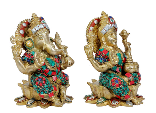 Brassaura™ Artistic Brass Gem Stone Work Laxmi Ganesha Statue – Height 8.8 Inches & Weight 5.1 Kgs | Spiritual Home Décor