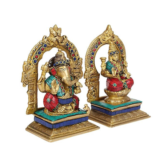 Brassaura™ Brass Gem Stone Work Laxmi Ganesha Idol – Height 4 Inches & Weight 3 Kgs | Hindu God Statue