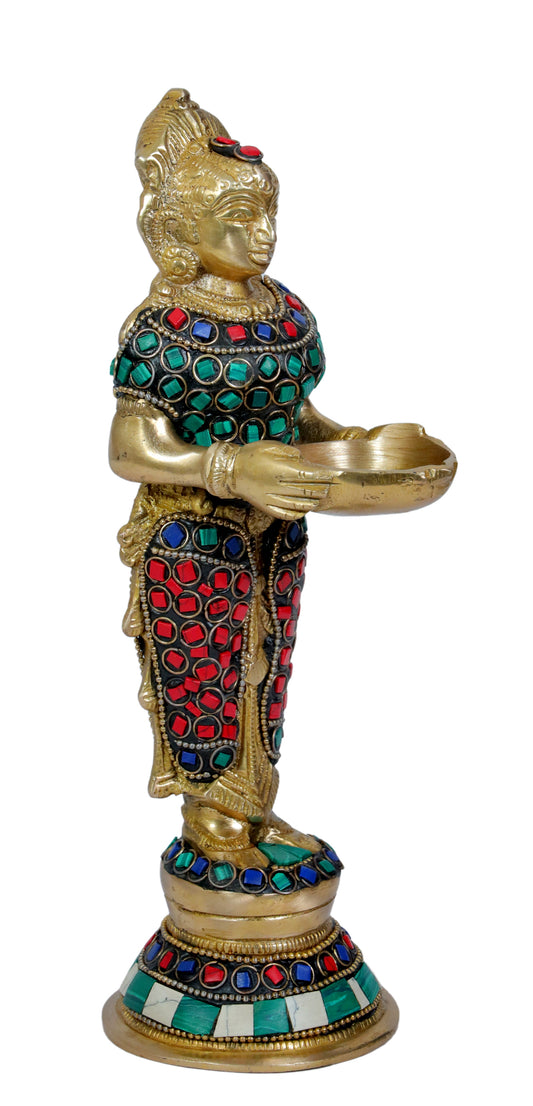 Brassaura™ Brass Gem Stone Work Laxmi Idol – Height 11.2 Inches & Weight 1.75 Kgs | Puja Room Hindu Murti