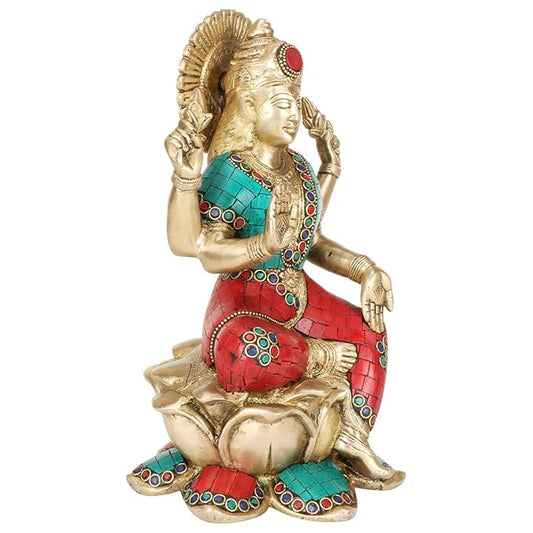 Brassaura™ Devotional Brass Gem Stone Work Laxmi Idol – Height 5.2 Inches & Weight 3.6 Kgs | Spiritual Home Idol