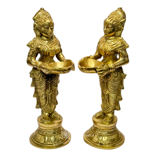 Brassaura™ Brass Deep Laxmi Pair Holding Oil Diya – Height 10 Inches & Weight 3 Kgs | Home & Puja Décor