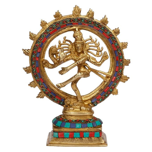 Brassaura™ Gemstone Work Golden Finish Dancing Nataraj Brass Idol | Height 9.5 Inches & Weight 1.7 kgs
