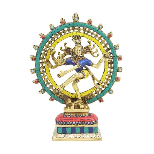 Brassaura™ Gemstone Work Dancing Nataraj Idol | Brass with Golden Finish | Height 13 Inches & Weight 2.9 kgs