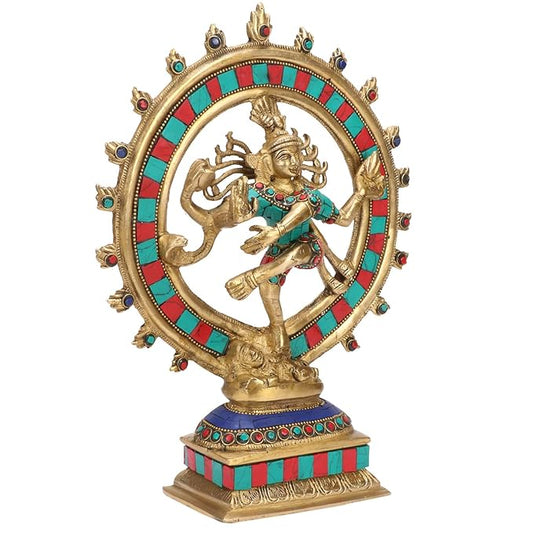 Brassaura™ Gemstone Work Dancing Nataraj Idol | Brass with Golden Finish | Height 11.5 Inches & Weight 2.9 kgs