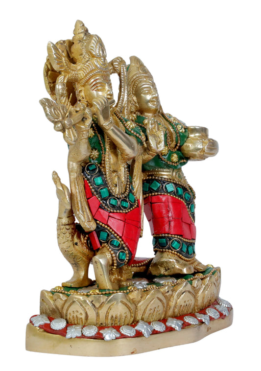 Brassaura™ Radha Krishna Murti with Gemstone Work | Pure Brass Handcrafted Idol | Height 22 cm (8.66 Inches) & Weight 1.85 Kgs