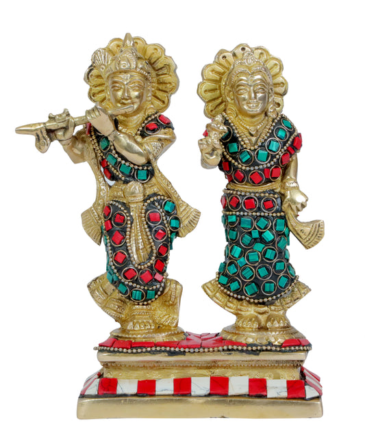 Brass Gem Stone Work Radha Krishna Murti Quality Home Office Decor Weight 1.41 Kg Height 28 cm
