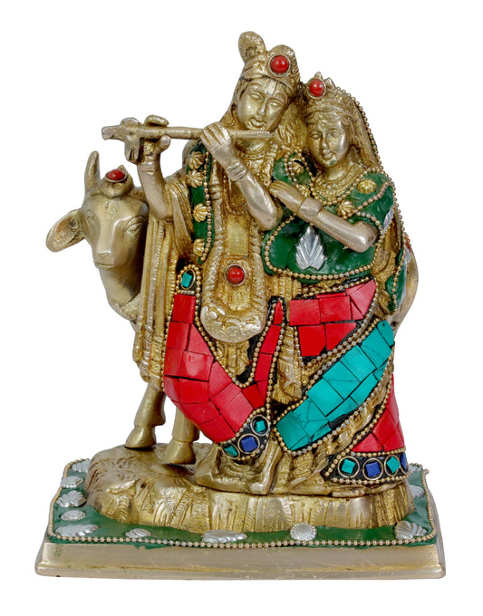 Brass Gem Stone Work Radha Krishna Murti Quality Home Office Decor Weight 2.14 Kg Height 16 cm