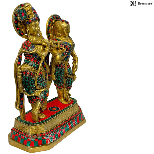 Brass Gem Stone Work Radha Krishna Murti Kishan Kanhaiya with Flute for Home Office Decor 4.98 kg Height 30 cm