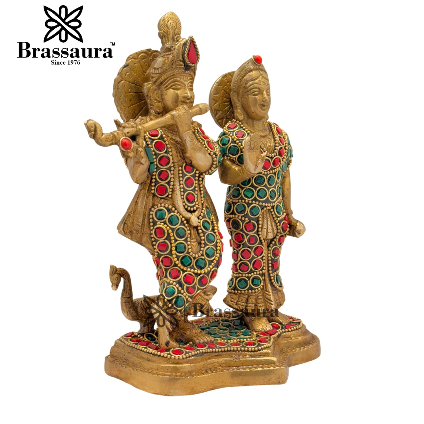 Brass Gem Stone Work Radha Krishna Playing Flute Weight 2.1 Kg And Height 7.5 Inch
