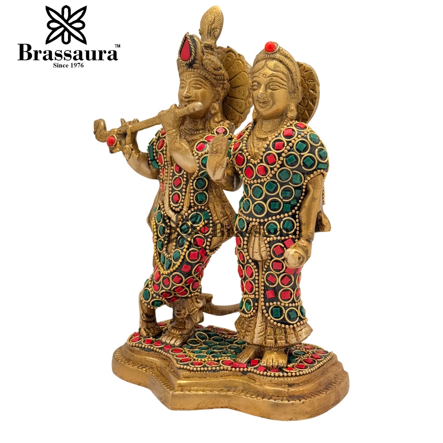 Brass Gem Stone Work Radha Krishna Playing Flute Weight 2.1 Kg And Height 7.5 Inch