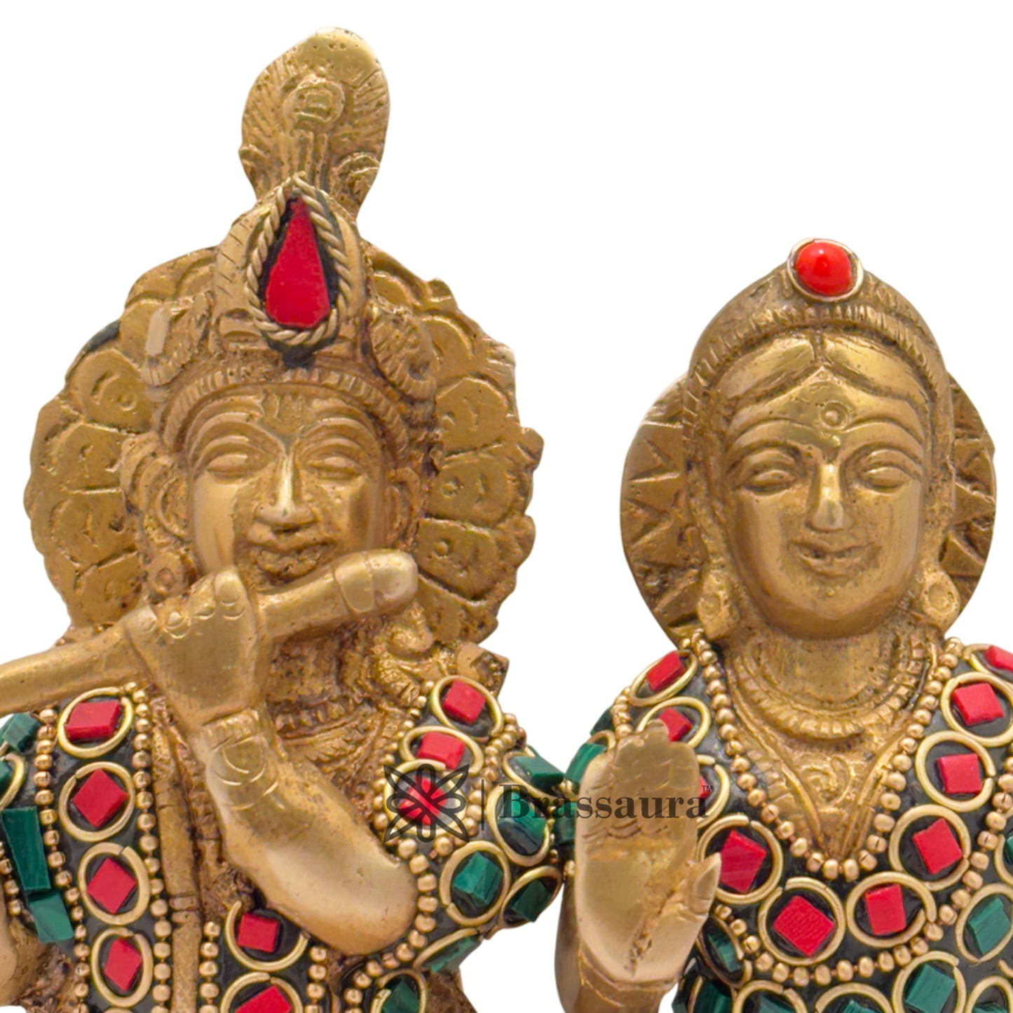 Brass Gem Stone Work Radha Krishna Playing Flute Weight 2.1 Kg And Height 7.5 Inch
