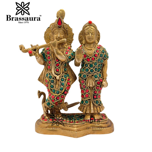 Brass Gem Stone Work Radha Krishna Playing Flute Weight 2.1 Kg And Height 7.5 Inch