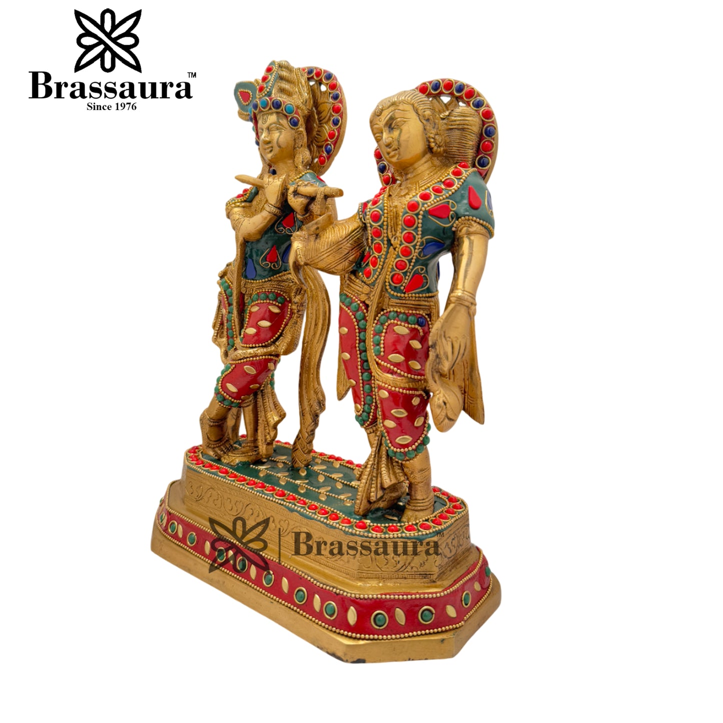 Brass Gem Stone Work Radha Krishna Playing Flute Weight 4.8 Kg And Height 12 Inch