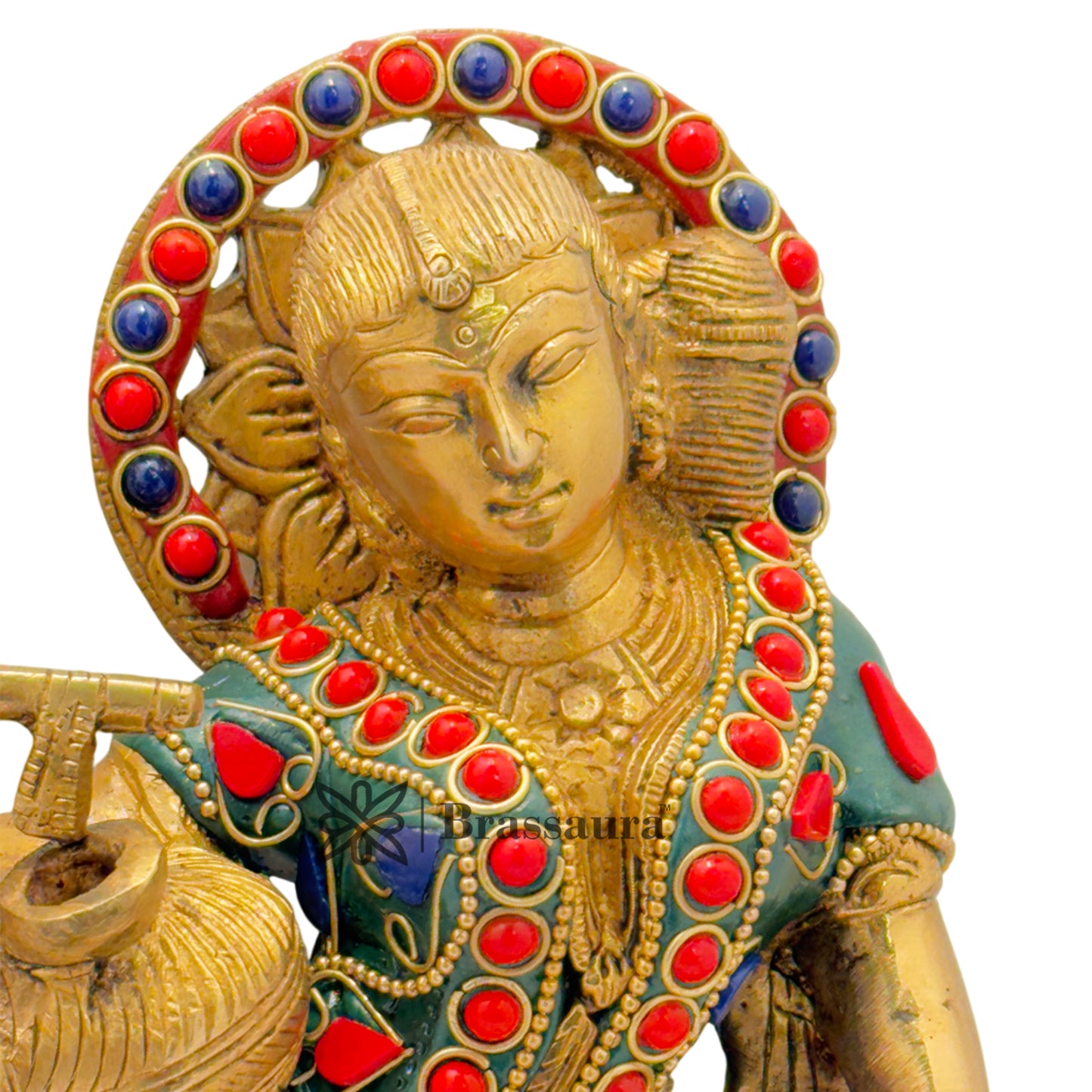 Brass Gem Stone Work Radha Krishna Playing Flute Weight 4.8 Kg And Height 12 Inch