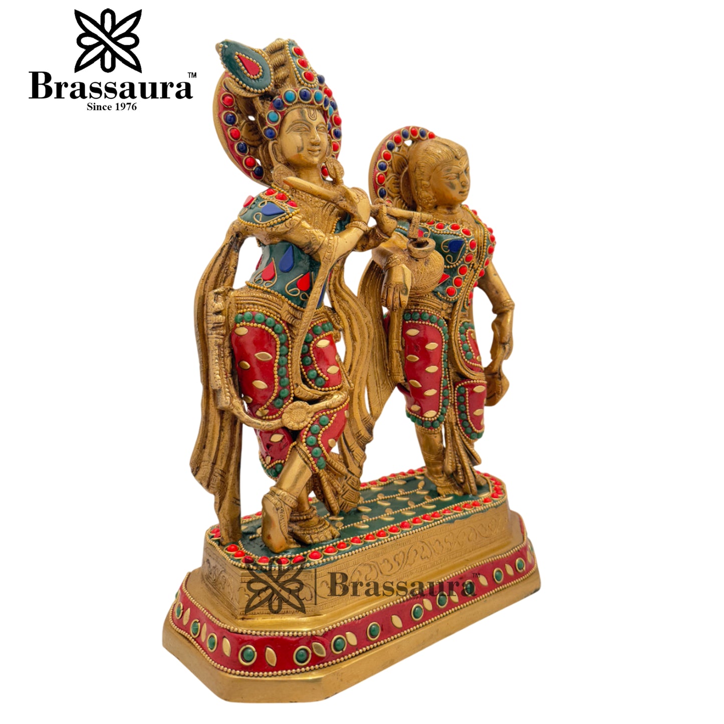 Brass Gem Stone Work Radha Krishna Playing Flute Weight 4.8 Kg And Height 12 Inch