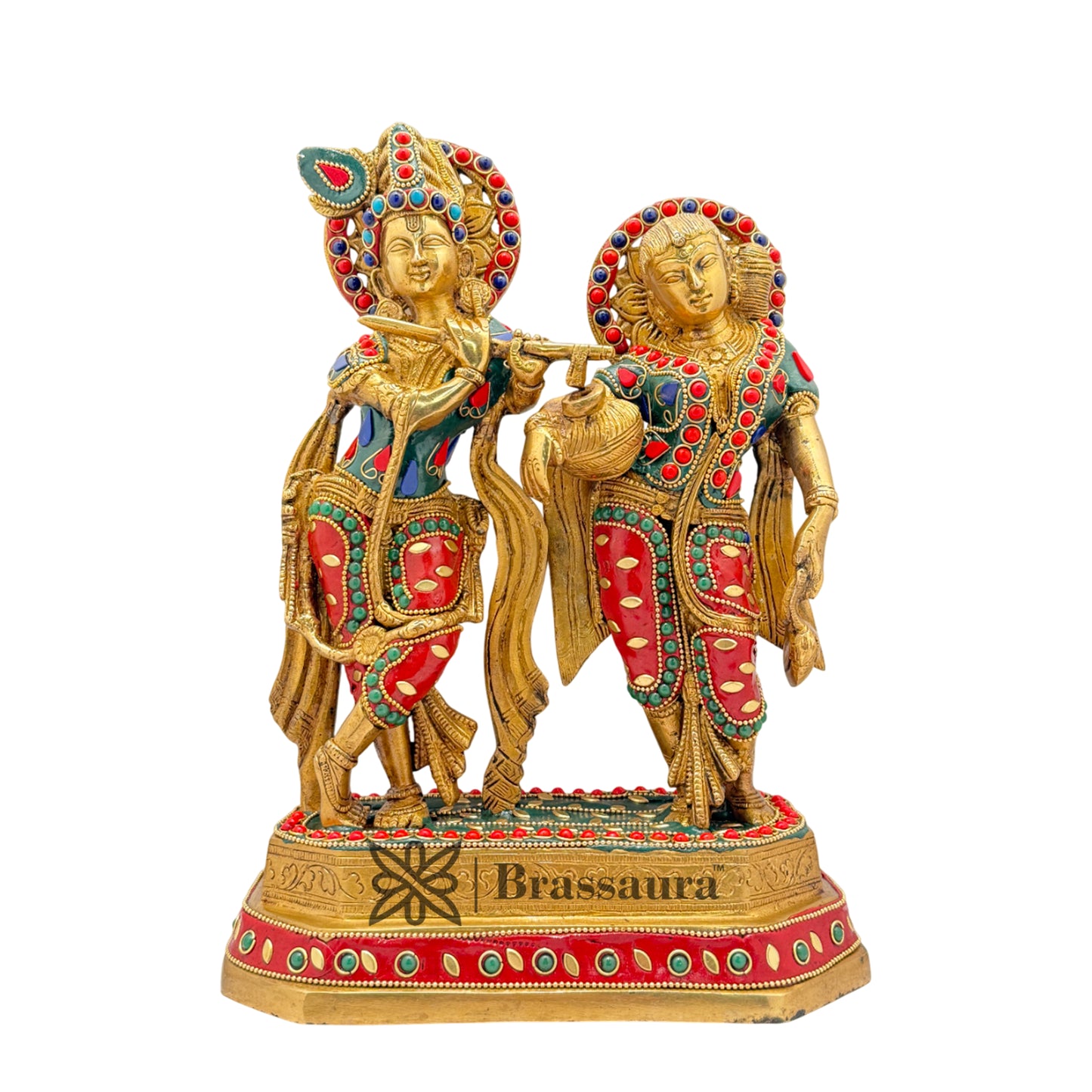 Brass Gem Stone Work Radha Krishna Playing Flute Weight 4.8 Kg And Height 12 Inch