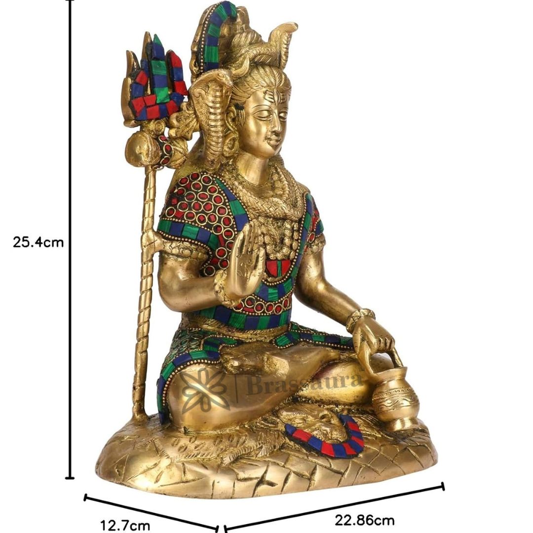 Brassaura™ Brass Shiva Idol Adorned with Gem Stones –– Height 11.2 Inches & Weight 4.5 Kgs | Traditional Décor