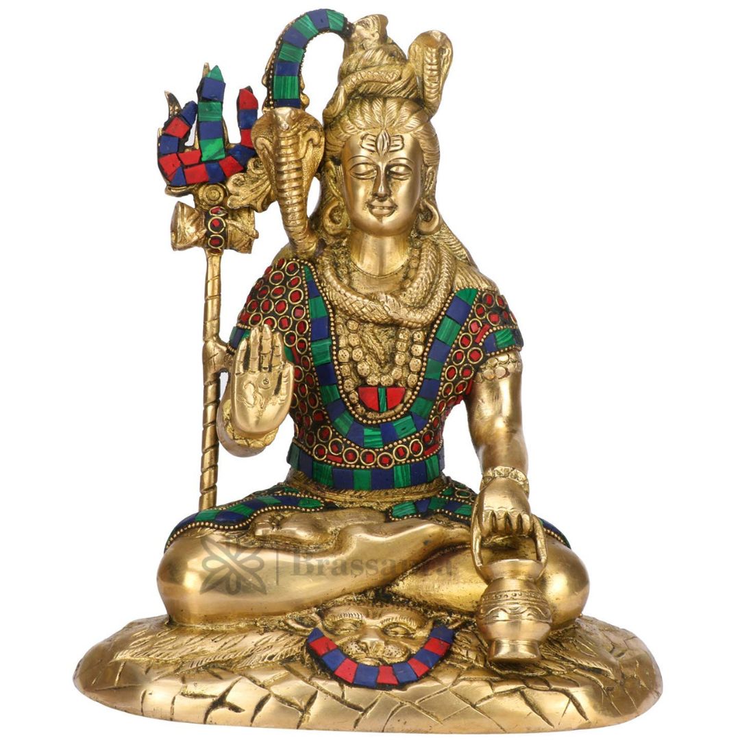 Brassaura™ Brass Shiva Idol Adorned with Gem Stones –– Height 11.2 Inches & Weight 4.5 Kgs | Traditional Décor