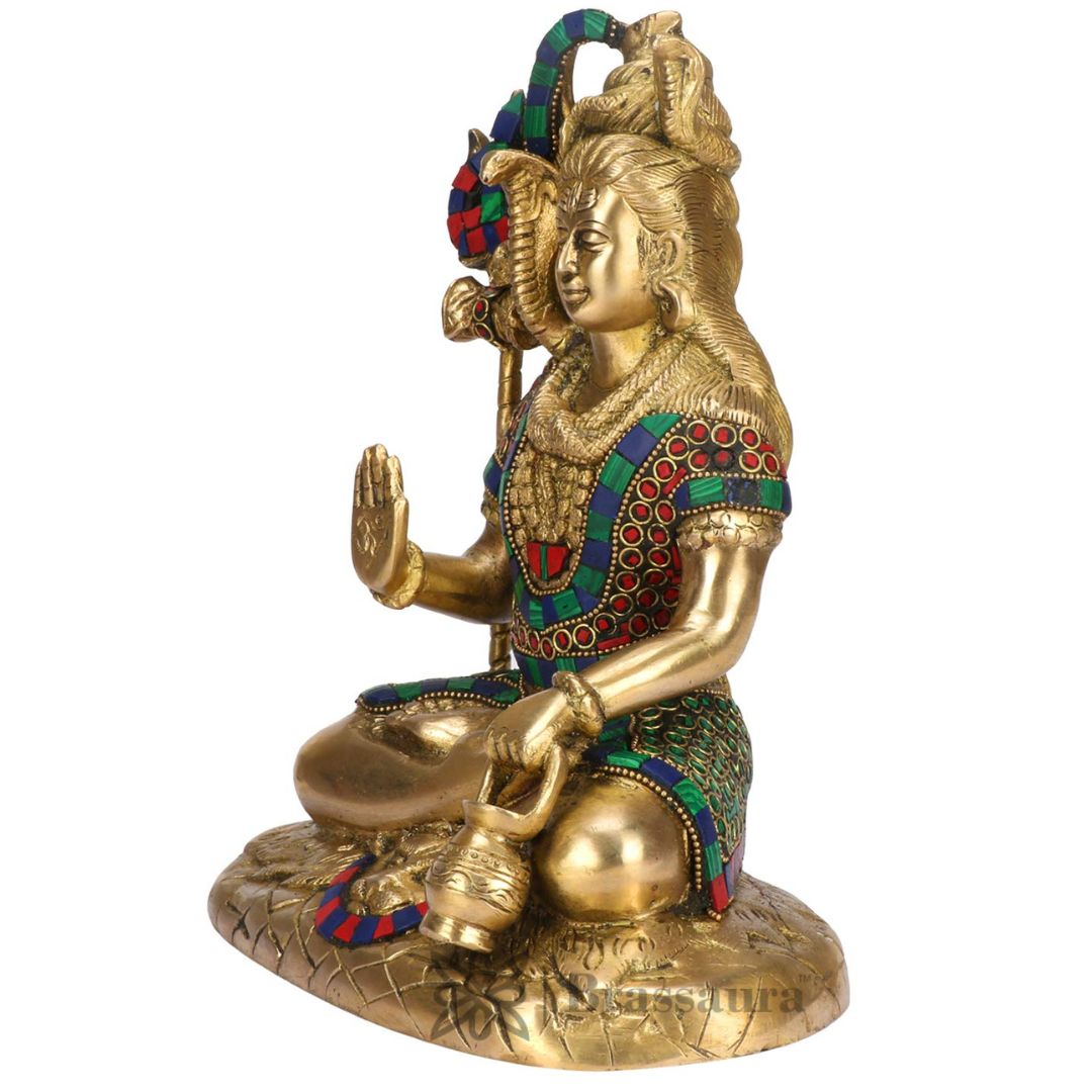 Brassaura™ Brass Shiva Idol Adorned with Gem Stones –– Height 11.2 Inches & Weight 4.5 Kgs | Traditional Décor