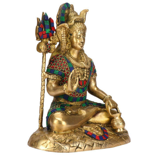 Brassaura™ Brass Shiva Idol Adorned with Gem Stones –– Height 11.2 Inches & Weight 4.5 Kgs | Traditional Décor