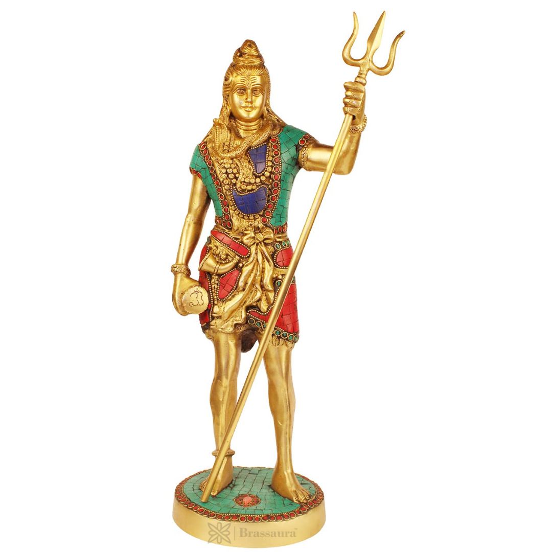 Brassaura™ Brass Gem Stone Work Standing Shiva Murti – Height 19.2 Inches & Weight 6.1 Kgs | Classic Idol