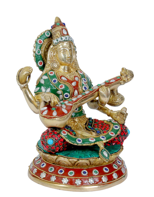 Brassaura™ Brass Saraswati with Gem Stone Work – Height 10.8 Inches & Weight 4 Kgs | Devotional Home Accent