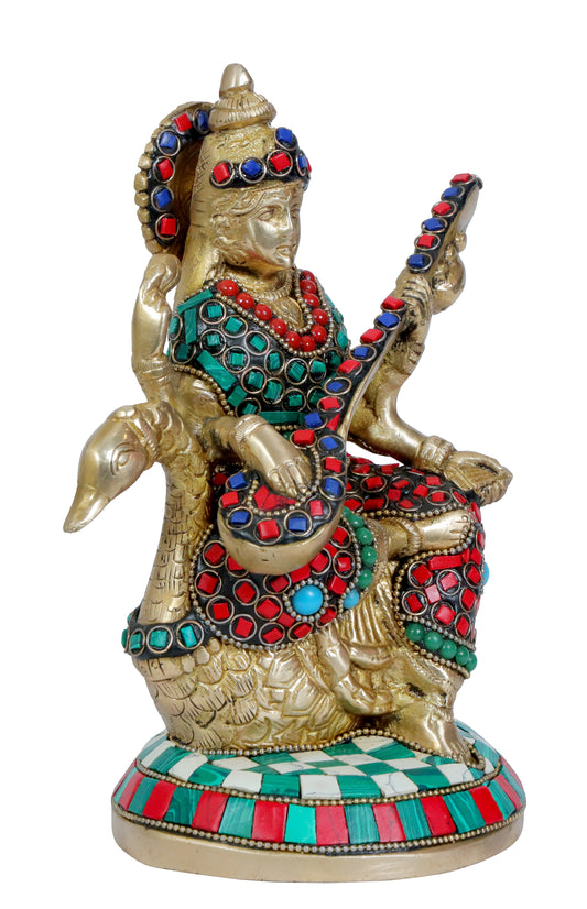 Brassaura® Brass Gem Stone Saraswati Idol – Height 9.2 Inches | Hindu Goddess Sculpture