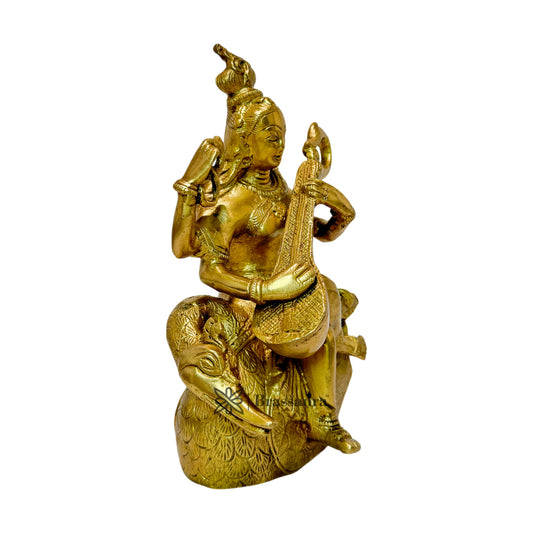 Brassaura™ Brass Saraswati Idol – Height 9.6 Inches & Weight 1.8 Kgs | Traditional Hindu Murti