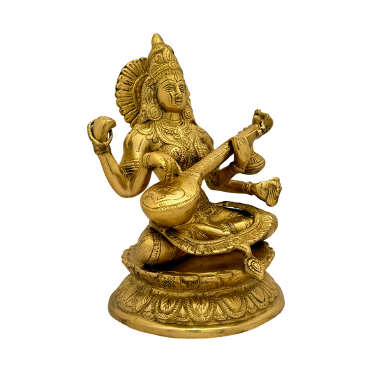 Brassaura™ Brass Saraswati Idol – Height 10.8 Inches & Weight 4 Kgs | Traditional Hindu Murti