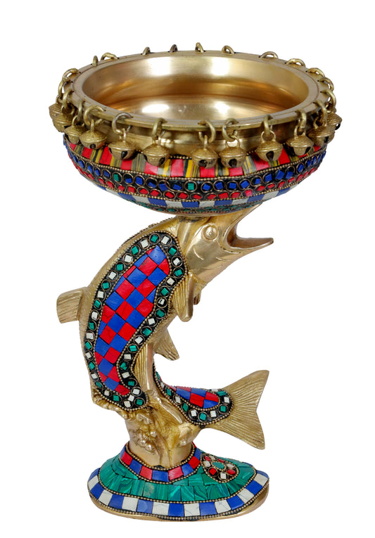 Brass Gem Stone Work Umi Urli Statue for Home and Decor Height 33 cm Weight 2.68 Kg