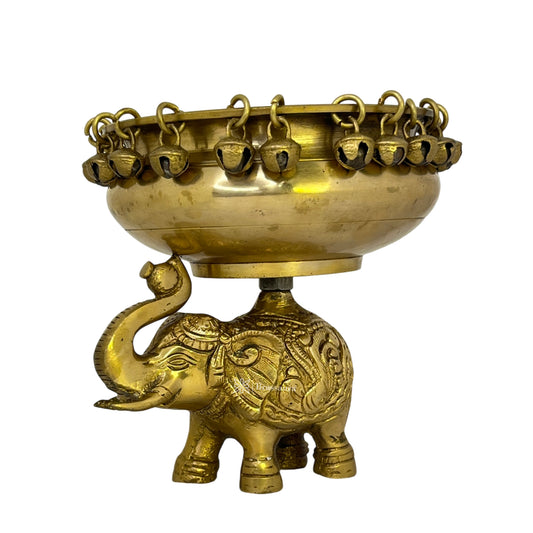 Brass Golden Urli with Elephant Statue for Home Decor Weight 2.05 Kg Height 16 cm